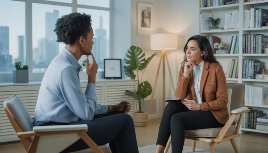 A therapist and client having a thoughtful conversation in a modern office with a view of the Chicago skyline.