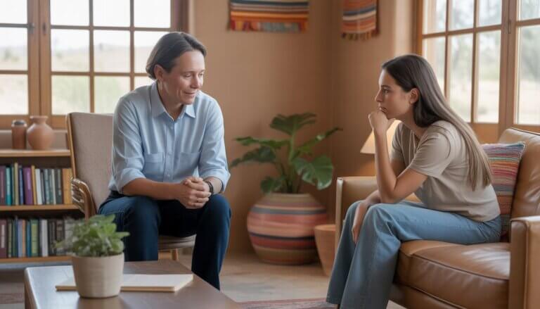 A therapist attentively listening to a client in a bright therapy office with Southwestern decor.