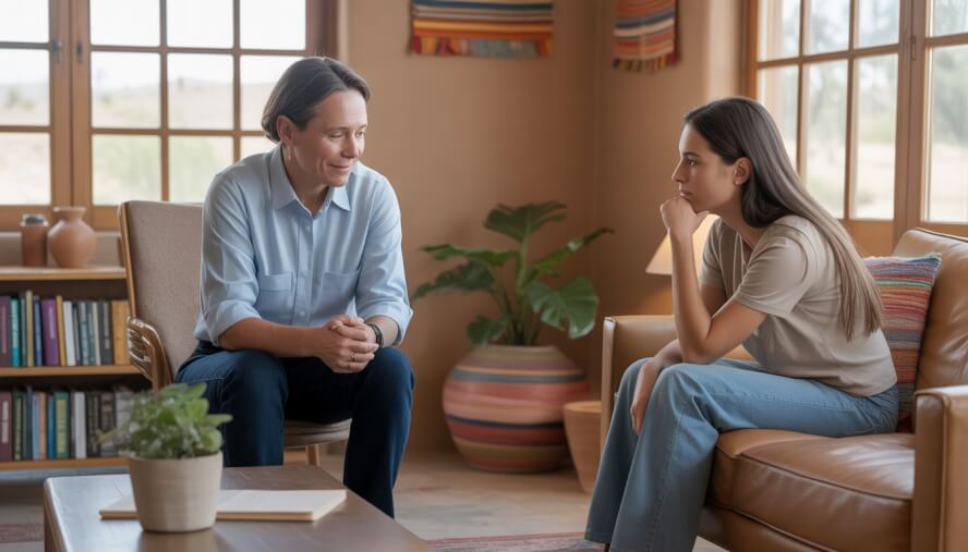 A therapist attentively listening to a client in a bright therapy office with Southwestern decor.