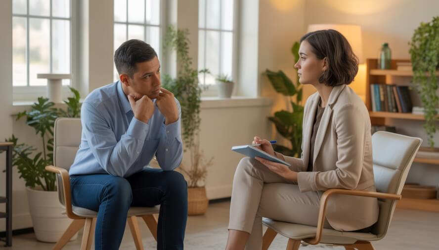 A therapist and a young adult client engaged in a supportive conversation in a bright, comfortable therapy office.