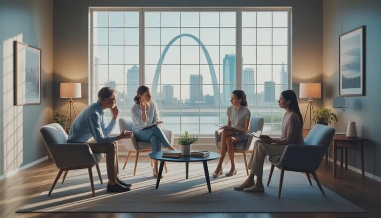 Therapists talking with a thoughtful client in a bright therapy office with a view of the St. Louis Gateway Arch outside the window.