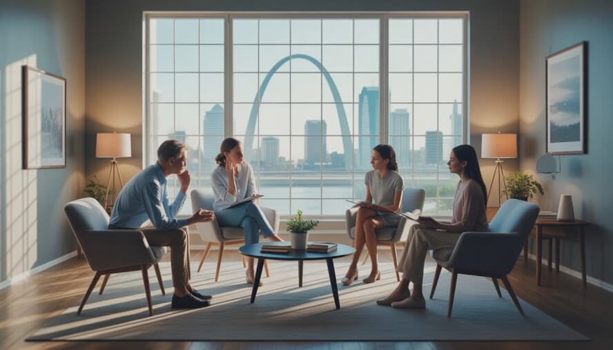 Therapists talking with a thoughtful client in a bright therapy office with a view of the St. Louis Gateway Arch outside the window.