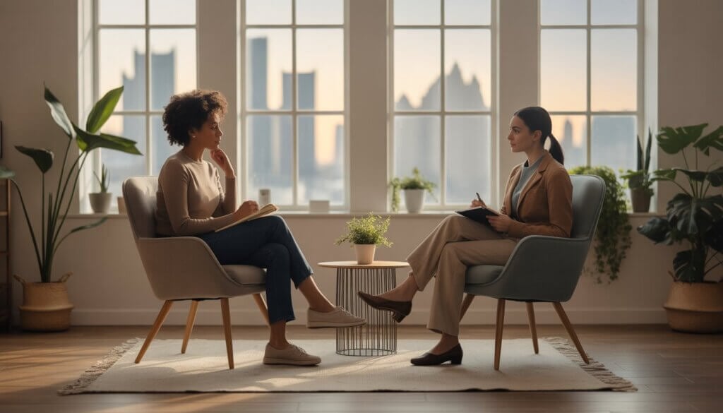 A therapist attentively listening to a client in a bright, modern therapy office with large windows showing a city view.