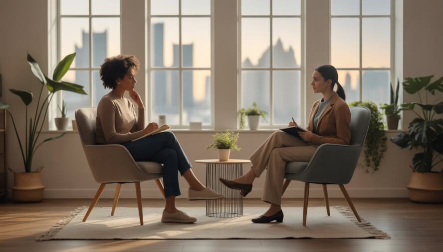 A therapist attentively listening to a client in a bright, modern therapy office with large windows showing a city view.