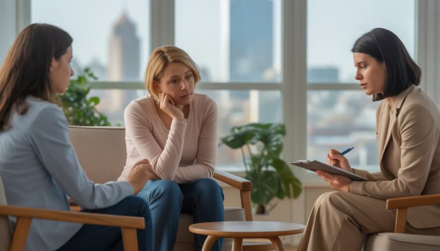 A therapist and a client having a thoughtful conversation in a bright office with a city view in the background.