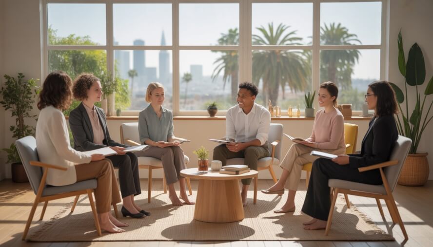 A group of diverse therapists sitting in a bright, comfortable office with plants and large windows showing palm trees and city views, engaged in a supportive conversation.