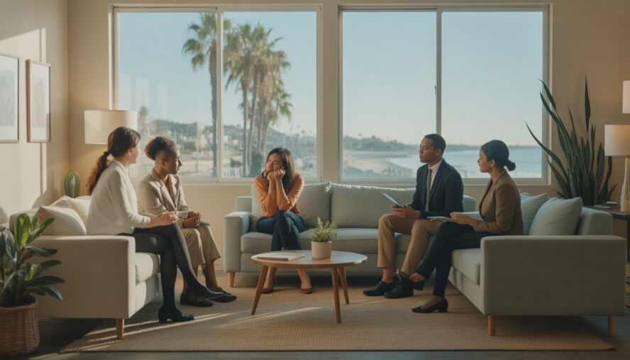 A therapist speaking with a thoughtful client in a bright, comfortable office with large windows showing a coastal city view.