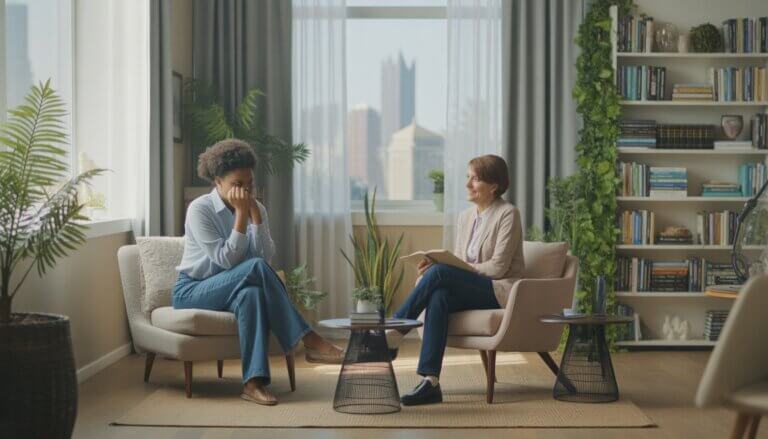 A therapist attentively listening to a client in a cozy therapy office with a view of Pittsburgh's skyline through a large window.