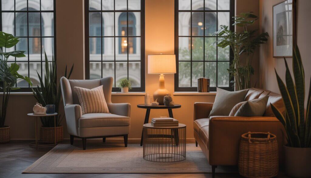 A cozy therapy office with comfortable seating, plants, and large windows showing New Orleans buildings outside.