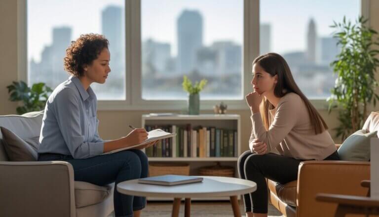 A therapist and client engaged in a conversation inside a bright therapy office with a view of Oakland city skyline through large windows.