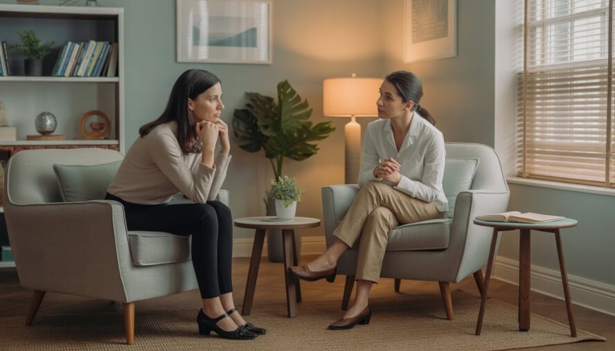 A therapist and a client talking in a comfortable, well-lit therapy office with cozy furniture and a window letting in natural light.