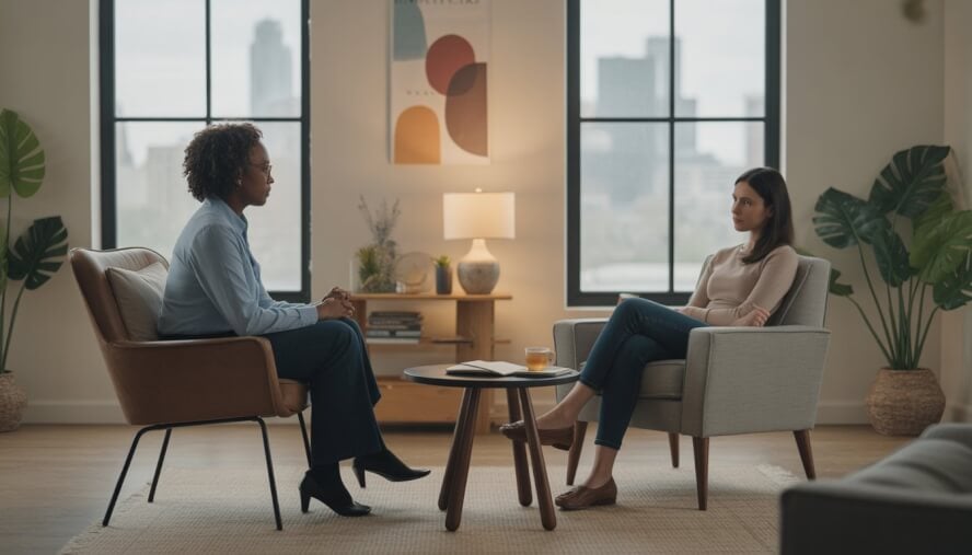 A therapist and client engaged in a supportive conversation in a bright, comfortable office with a view of Minneapolis.