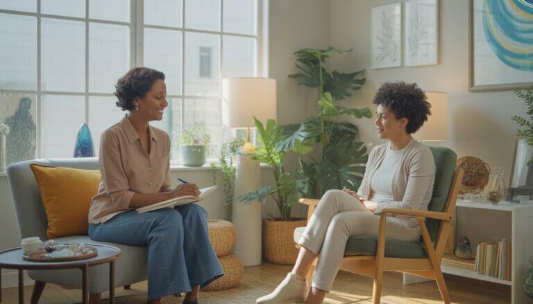A therapist and client sitting in a bright therapy room with plants and calming decor, engaged in a supportive conversation.