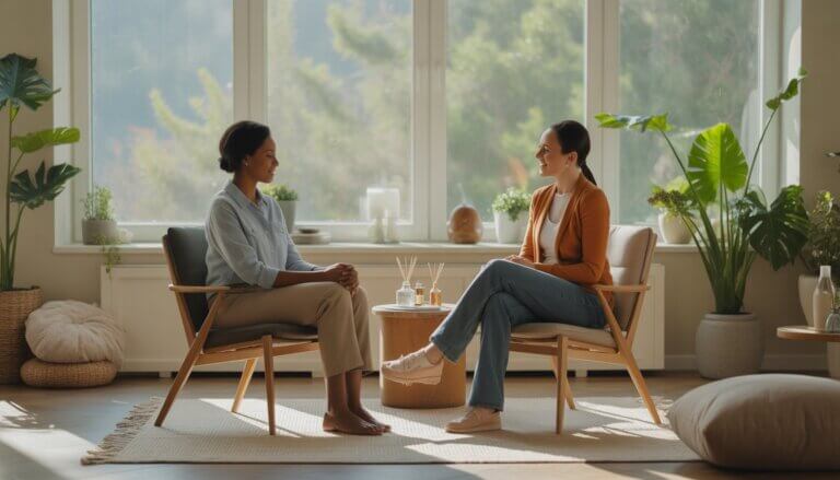 A therapist and client sitting in a bright room with plants, engaged in a calm therapy session in Berkeley