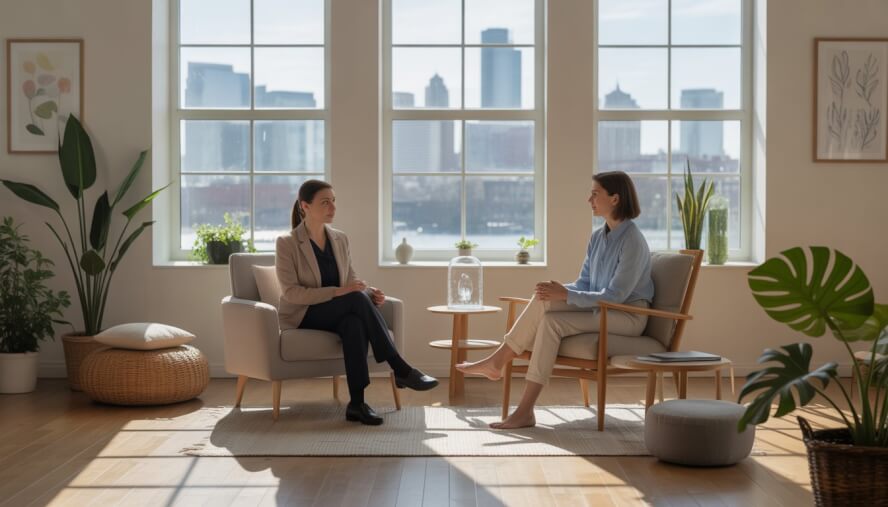 A therapist attentively listening to a client in a bright, cozy therapy room with plants and a view of Boston's skyline.