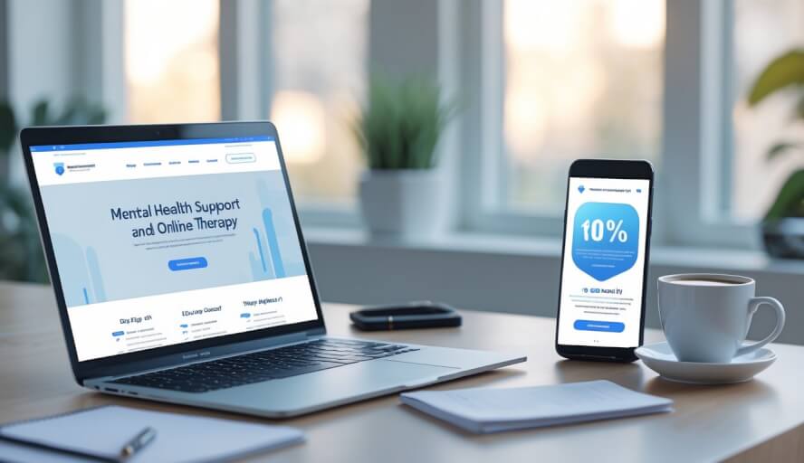 A modern workspace with a laptop and smartphone on a desk, a cup of coffee, and a small plant near a window with natural light.