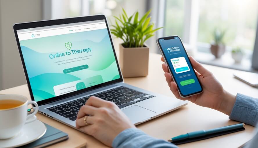 A workspace with a laptop and smartphone showing a discount offer, surrounded by a cup of tea, plant, and notebook.