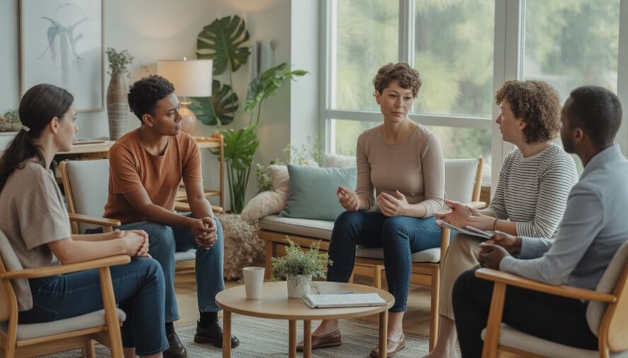 A group therapy session with a therapist and diverse adults sitting in a bright, comfortable room with plants and calming decor.
