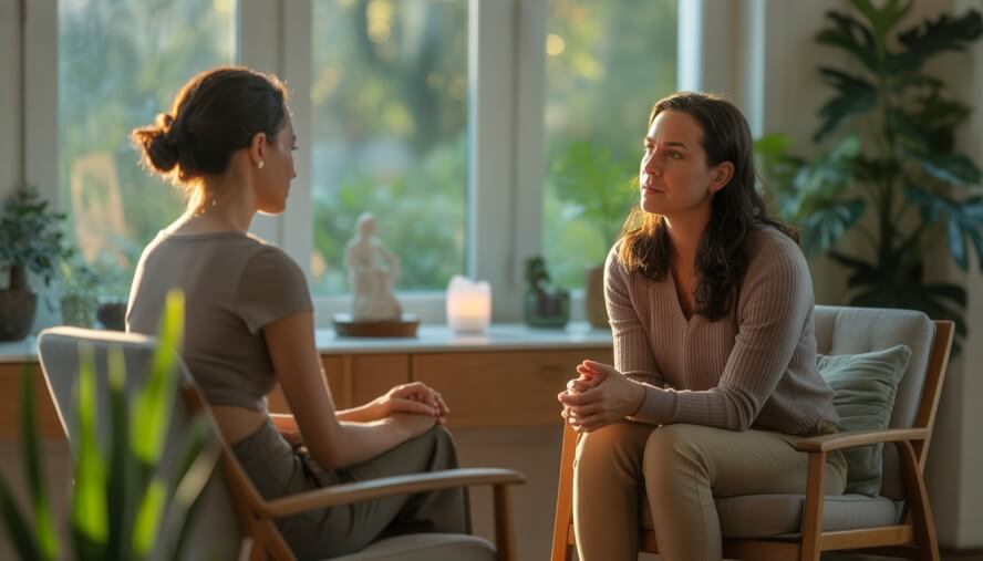 A therapist and client sitting in a warm, softly lit room with plants and natural light, engaged in a supportive therapy session.