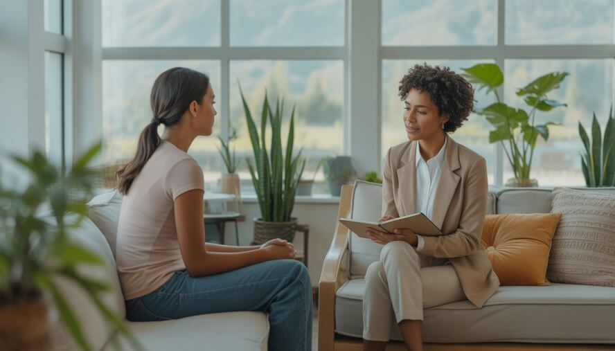 A therapist attentively listening to a client in a bright, calm therapy room with plants and natural light.