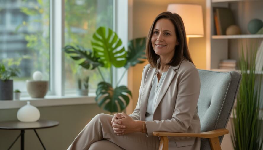 A female therapist sitting in a comfortable office with plants and calming decor, smiling warmly.