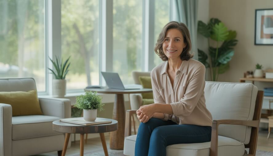 A licensed holistic therapist sitting in a comfortable office with natural light, plants, and a laptop, creating a calm and welcoming atmosphere.