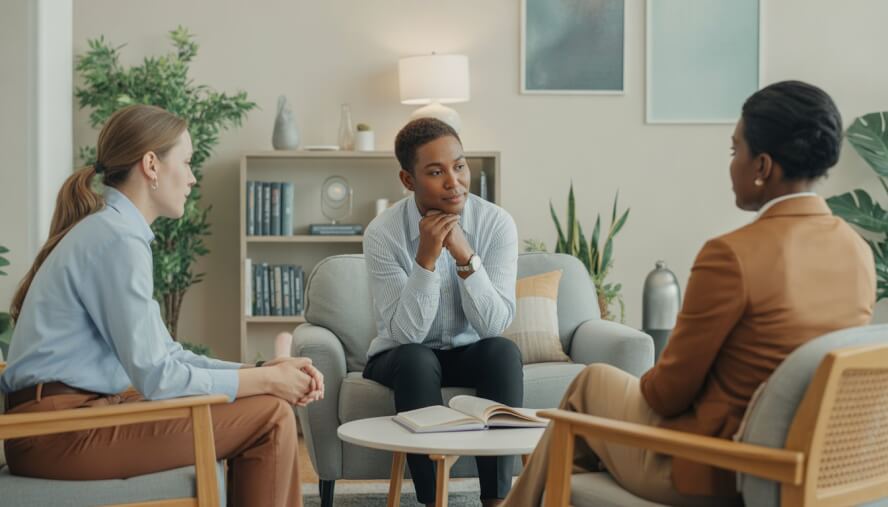 A therapist and two adults sitting together in a bright, comfortable therapy office, engaged in a supportive counseling session.