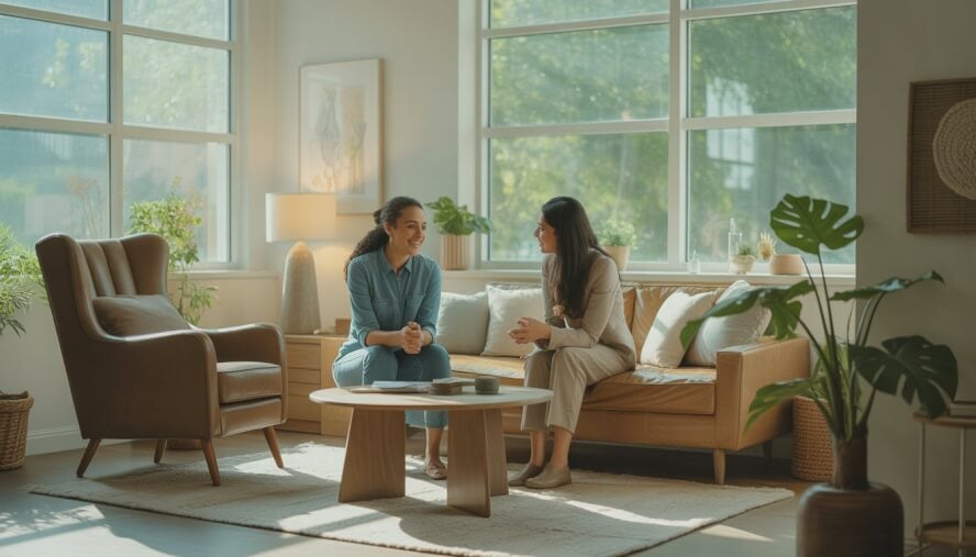A therapist and client having a calm, supportive conversation in a bright, comfortable therapy office with natural light and plants.