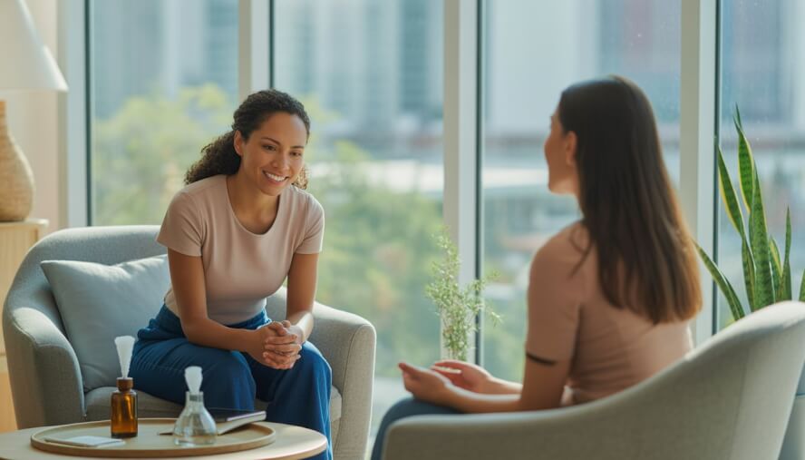 A holistic therapist attentively speaking with a client in a bright office with plants and a view of the Austin cityscape.