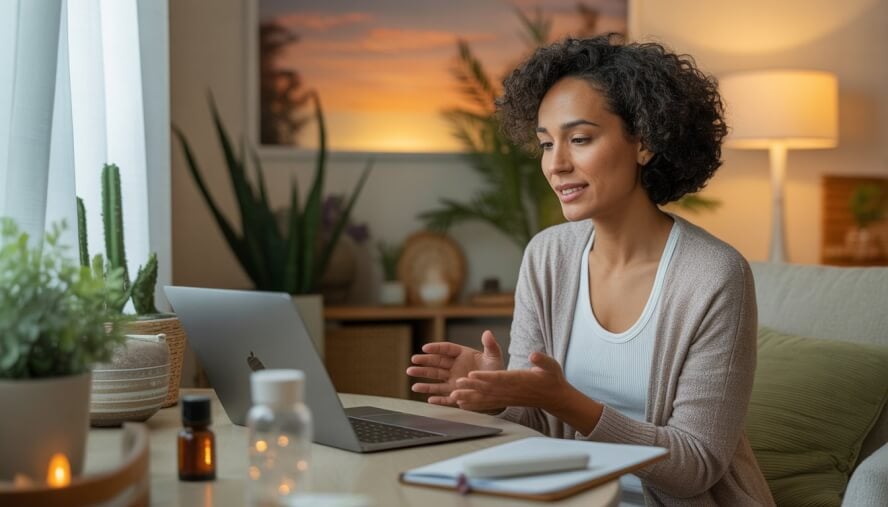 A therapist and patient engaged in a telemedicine session in a cozy home office with plants and warm natural light.