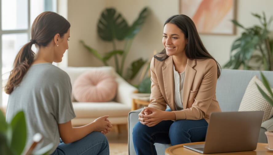 A female therapist attentively speaking with a client in a bright, comfortable therapy office with plants and natural light.