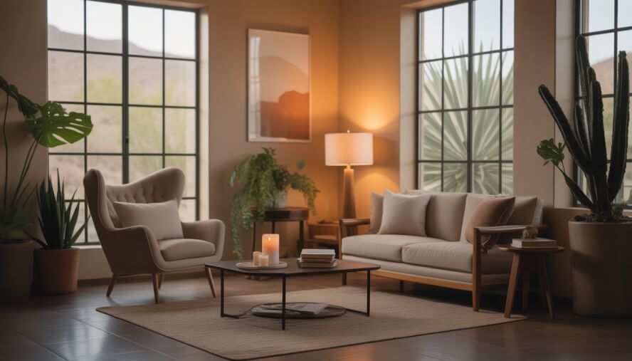 A calm therapy room with comfortable seating, natural light, indoor plants, and a peaceful atmosphere.