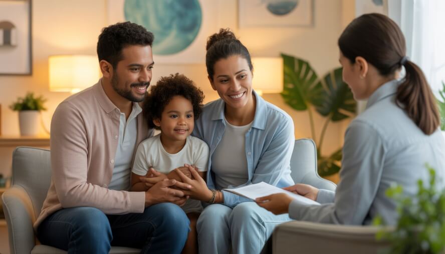 A couple and their child sitting with a therapist in a bright, comfortable therapy office having a supportive conversation.