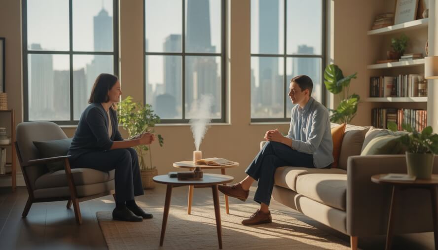 A therapist and client having a calm conversation in a bright therapy office with a view of the Chicago skyline.