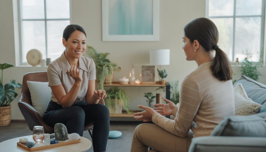 A female therapist and a client sitting in a bright, peaceful therapy room with plants and calming decorations.