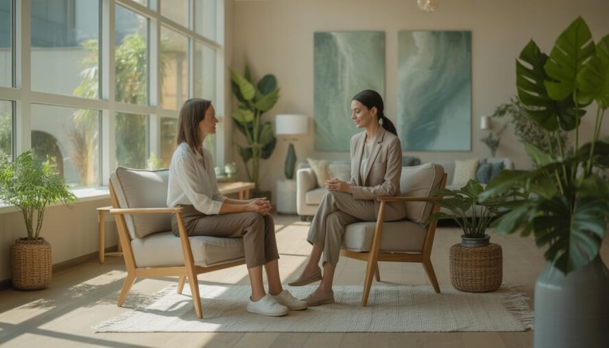 A therapist talking kindly with a client in a bright, calm wellness spa room with plants and soft lighting.