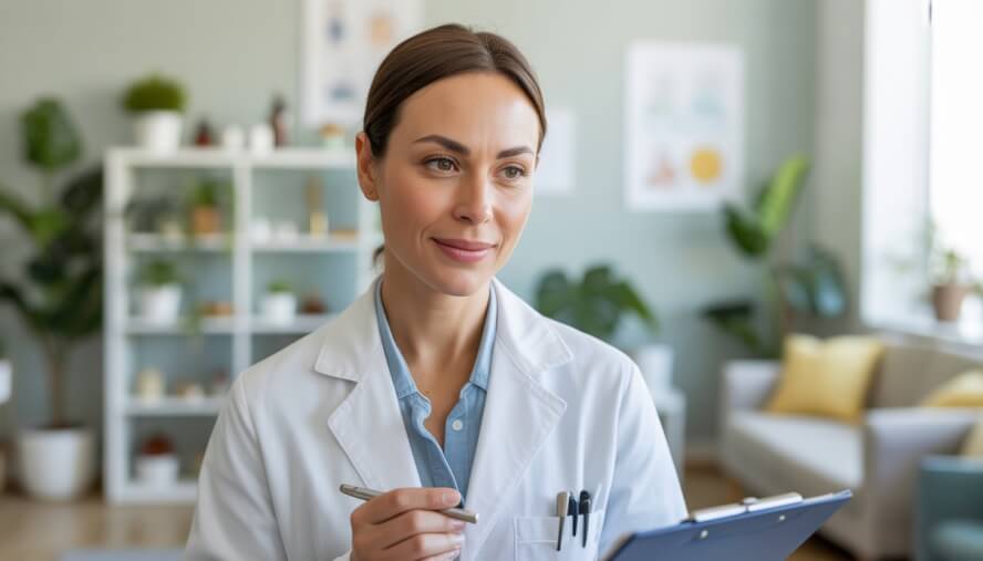 A female naturopathic doctor in a bright medical office with plants and calming decor, smiling gently.
