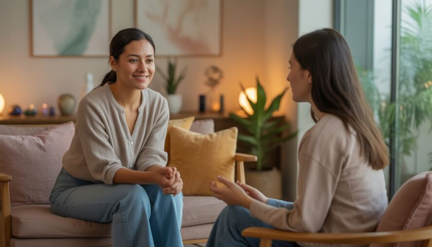 A therapist attentively listening to a client in a calm, cozy therapy room with plants and soft natural light.