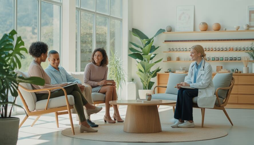 A therapist and medical professional talking with a client in a bright, welcoming wellness center with plants and natural light.