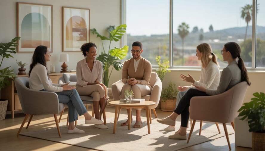 A diverse group of therapists and clients in a bright, comfortable therapy room with plants and a window showing a sunny cityscape.