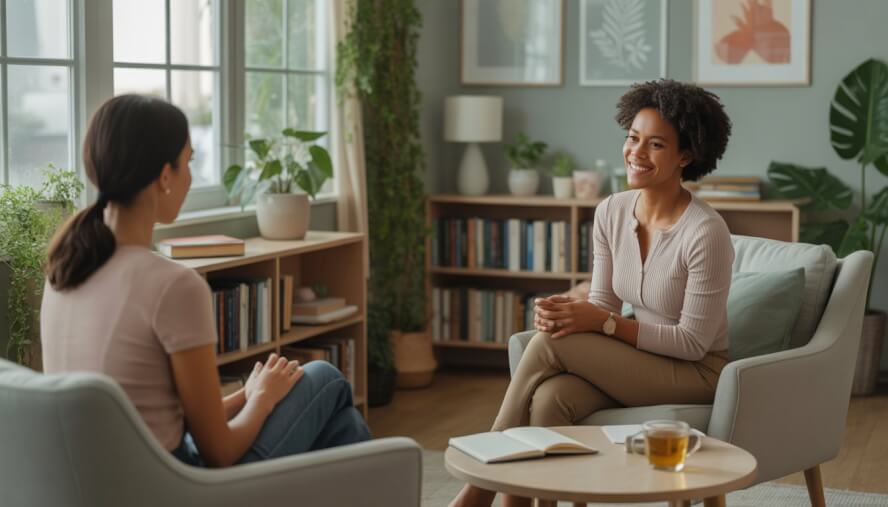 A therapist and client sitting in a cozy therapy room with plants and books, engaged in a supportive conversation.