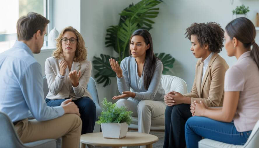 A group of therapists and clients in a bright, comfortable counseling office engaged in a supportive therapy session.