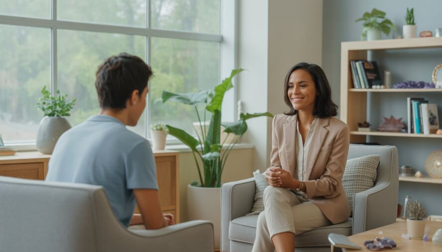 A therapist and client having a supportive conversation in a bright, cozy office with plants and books.