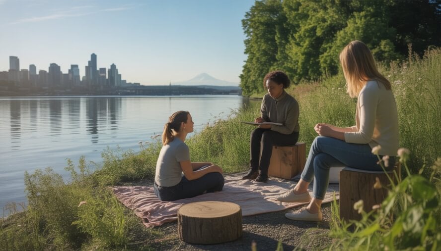 A group of therapists and a client sitting by a calm riverbank in Seattle, surrounded by greenery with the city skyline and mountains in the background.
