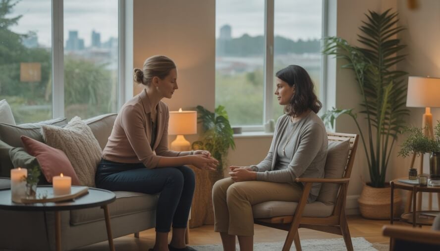 A therapist attentively listens to an adult client in a bright, cozy therapy room with natural light and plants.