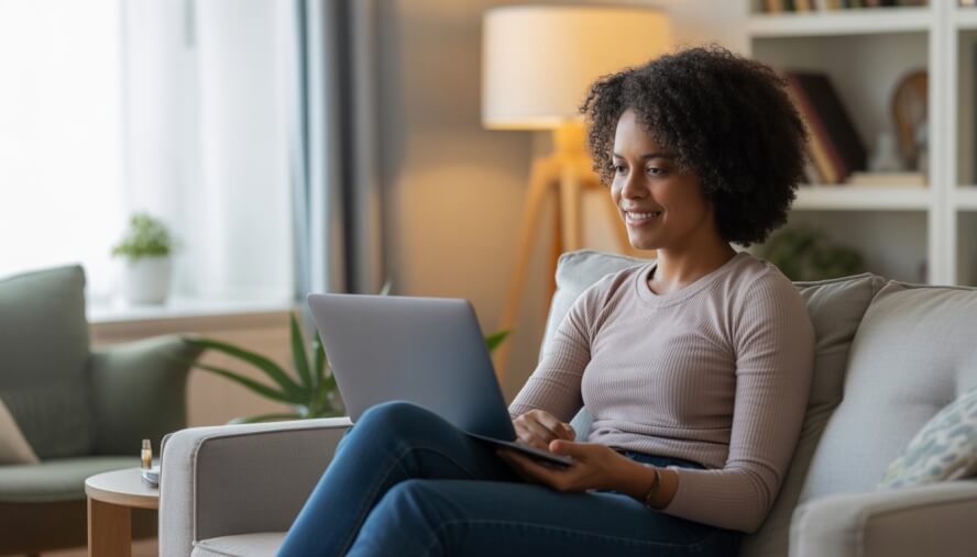 A person sitting comfortably at home, engaged in a virtual therapy session on a laptop in a calm and cozy room.