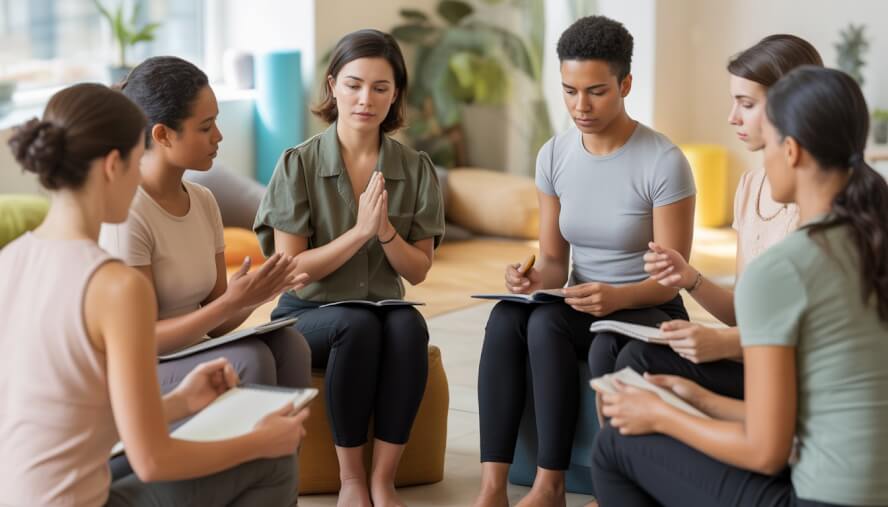 A diverse group of therapists sitting in a circle in a bright, plant-filled wellness studio, practicing holistic anxiety therapy techniques together.