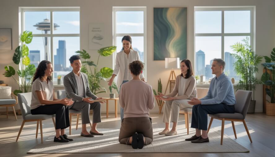 A diverse group of therapists and a patient in a bright therapy room with large windows showing the Seattle skyline.