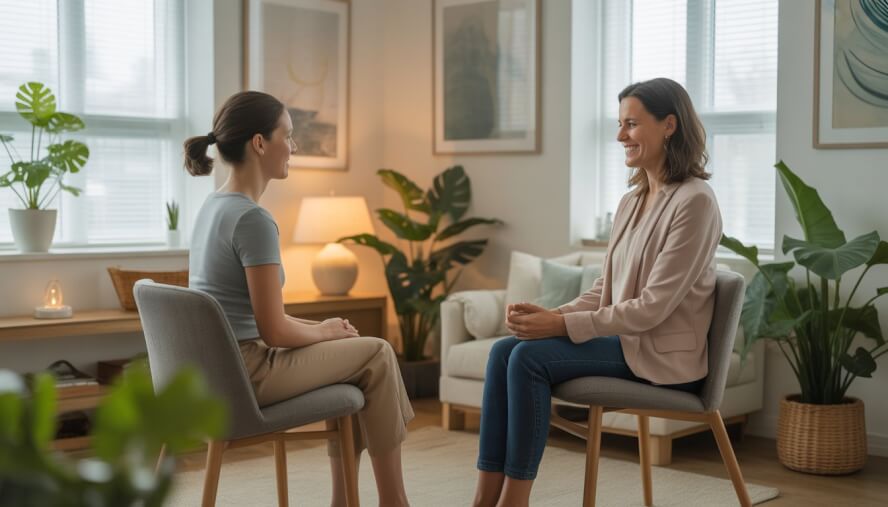 A hypnotherapist and client sitting in a bright therapy room with plants and calming decor, engaged in a relaxed conversation.