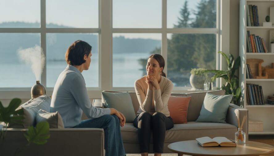 A therapist attentively listening to a client in a bright office with large windows showing a scenic view of water and evergreen trees.